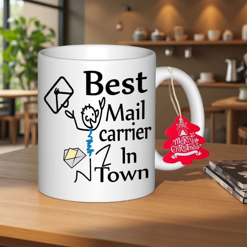 Tailorly White Ceramic 11 oz Mug - Best Mail Carrier In Town Minimalist Line Drawing With Envelopes And Stick Figure Postman On