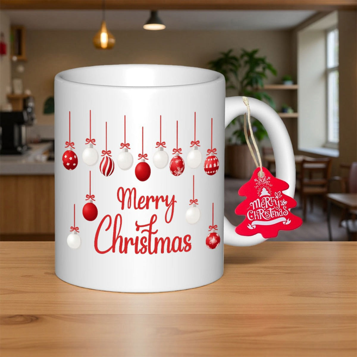 Tailorly White Ceramic 11 oz Mug - Merry Christmas Festive Red And White Hanging Ornaments With Striped Patterns Bauble