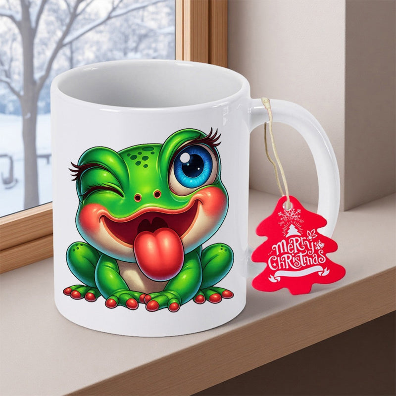 Tailorly White Ceramic 11 oz Mug - Merry Christmas Cute Green Cartoon Character Winking And Sticking Out Its Tongue Frog