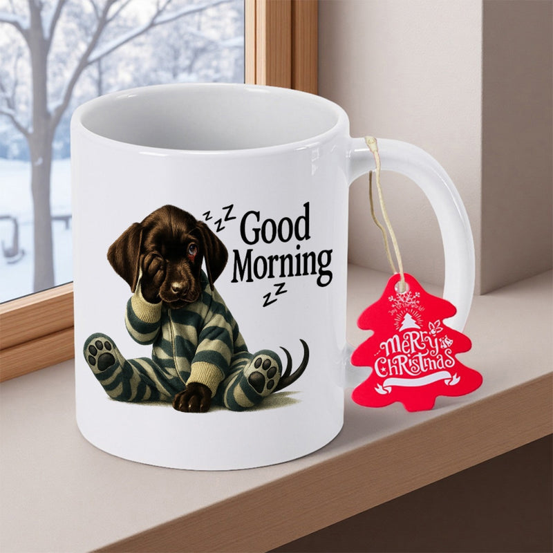 Tailorly White Ceramic 11 oz Mug - Good Morning Sleepy Brown Dog Wearing Striped Pajamas Sitting Comfortably Puppy