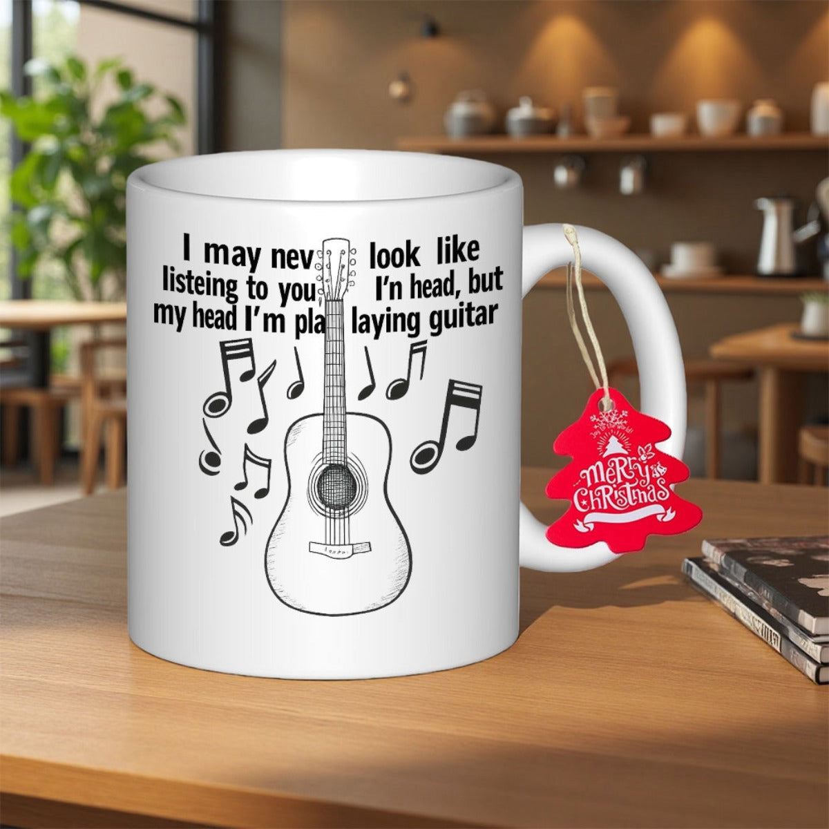 Tailorly White Ceramic 11 oz Mug - I May Never Look Like Listening To You In My Head I Am Playing Guitar Minimalist Black Line Art Design Surrounded By Flowing