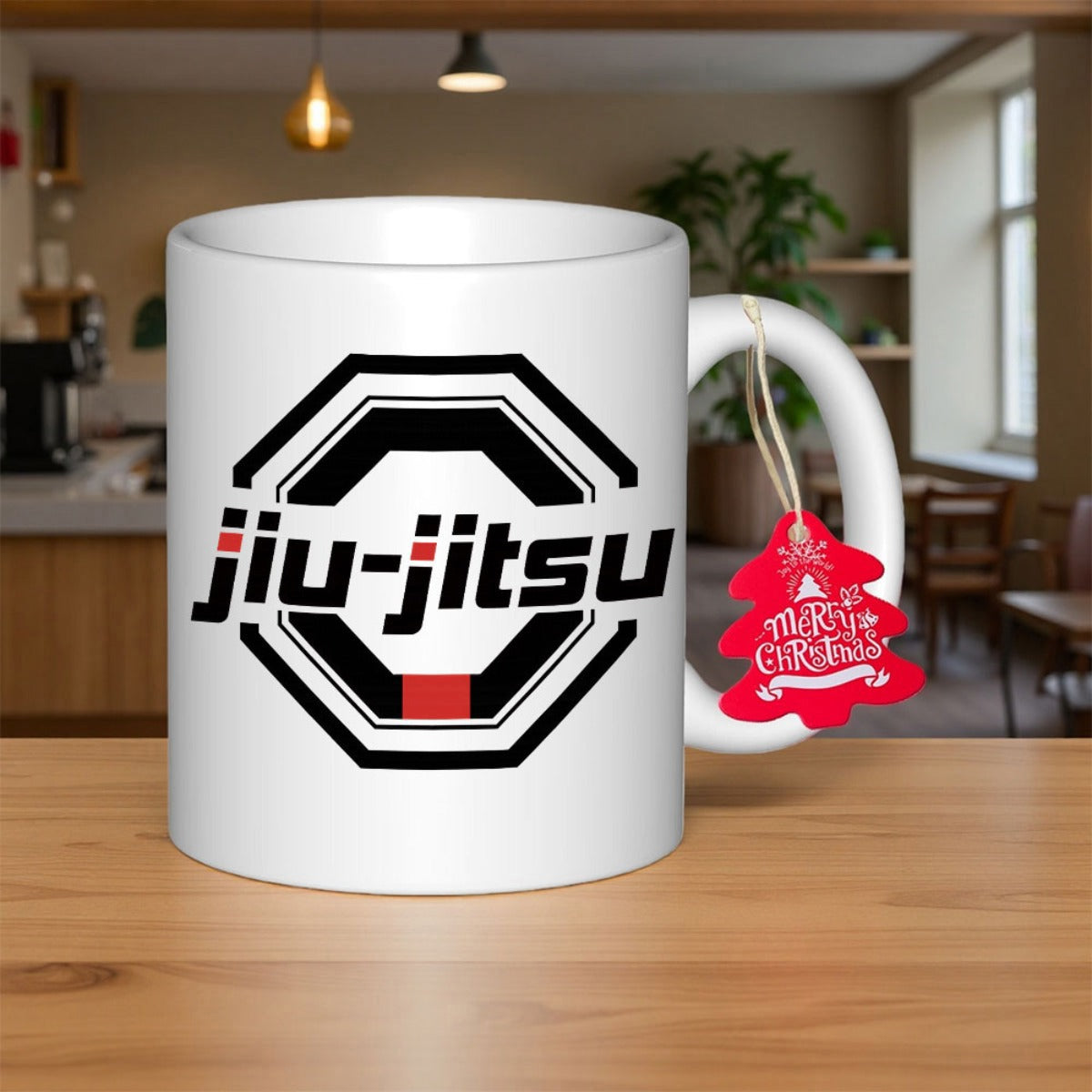 Tailorly White Ceramic 11 oz Mug - Jiu Jitsu Bold Black Octagon Shape With Martial Arts Belt Rank Elements Mug