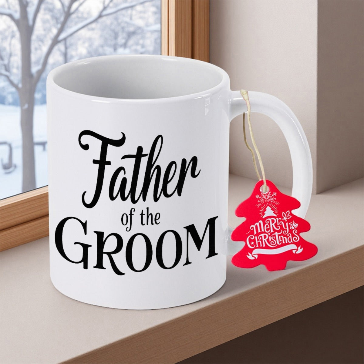Tailorly White Ceramic 11 oz Mug - Father Of The Groom Merry Christmas Simple White Ceramic Coffee Cup Featuring Red Christmas Tree Shaped Ornament Mug