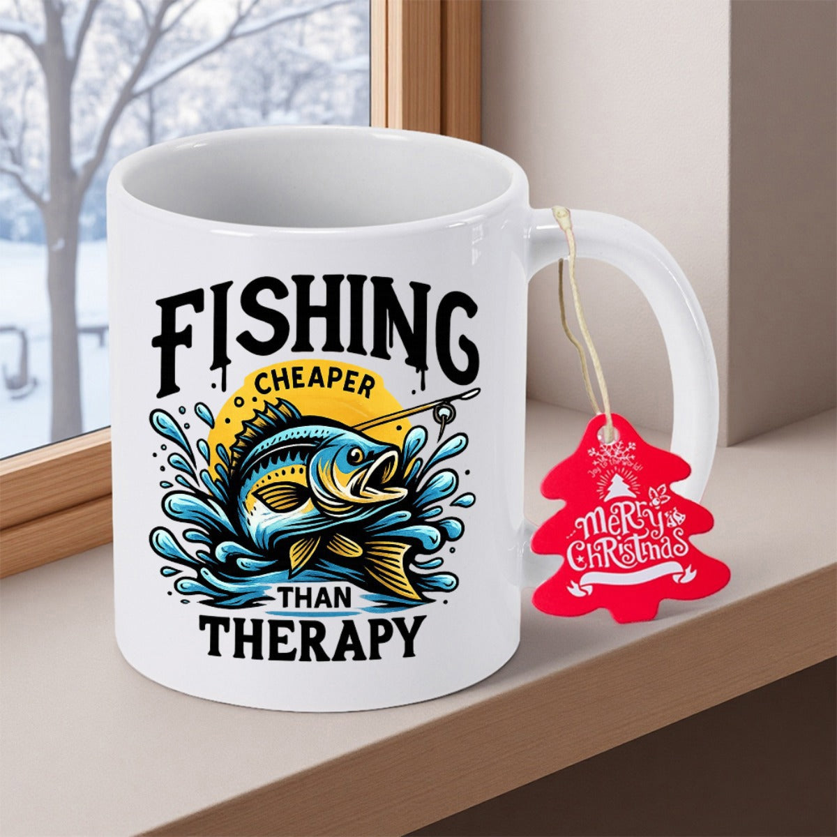 Tailorly White Ceramic 11 oz Mug - Fishing Cheaper Than Therapy Splashing Water Among Vibrant Blue Waves Jumping From A Yellow Sun Bass