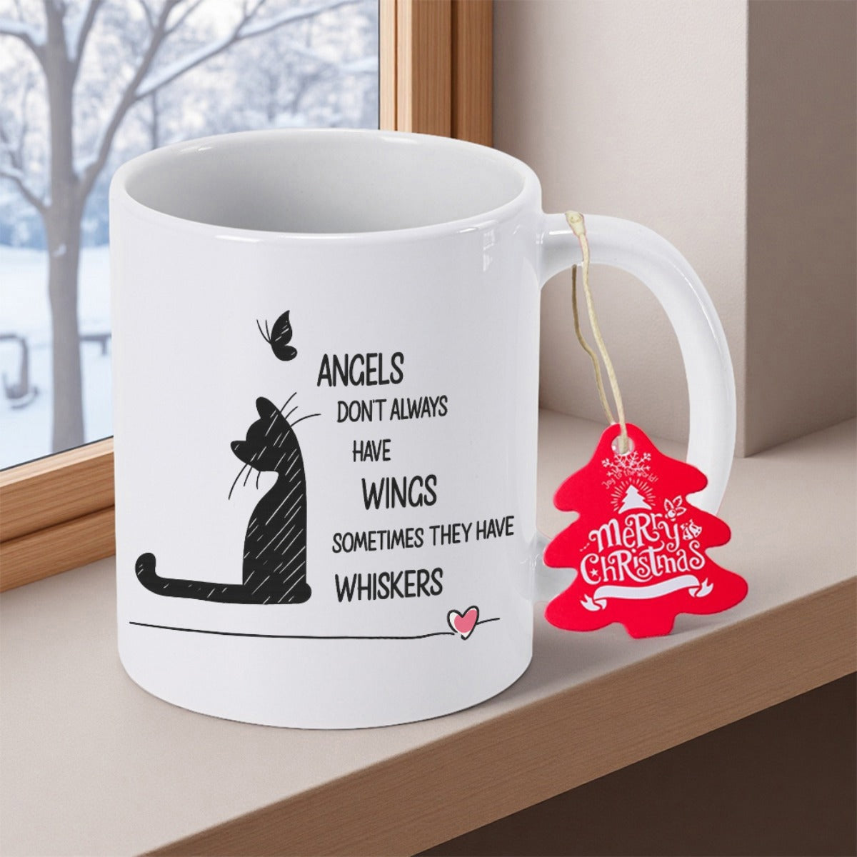 Tailorly White Ceramic 11 oz Mug - Angels Dont Always Have Wings Sometimes They Have Whiskers Minimalist Black Silhouette Watching Butterfly With Delicate Whiskers