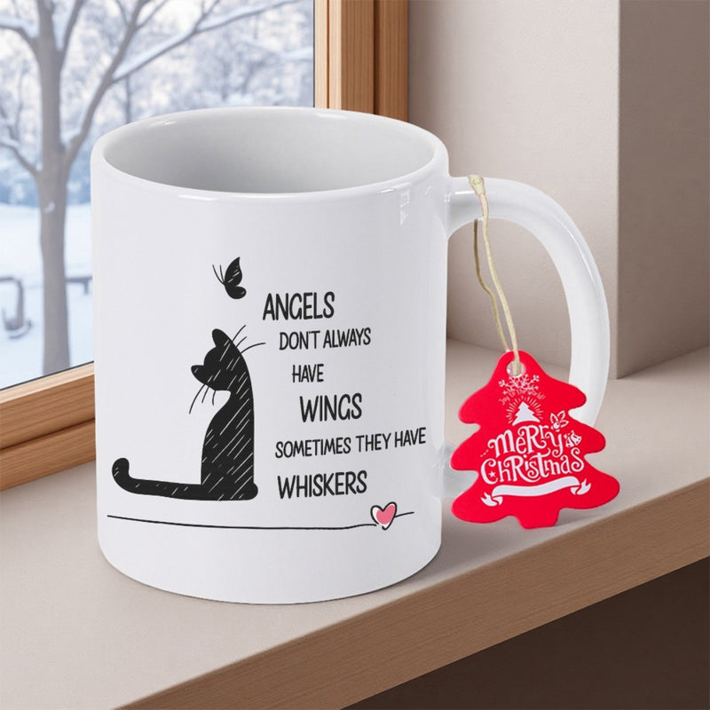 Tailorly White Ceramic 11 oz Mug - Angels Dont Always Have Wings Sometimes They Have Whiskers Minimalist Black Silhouette Watching Butterfly With Delicate Whiskers