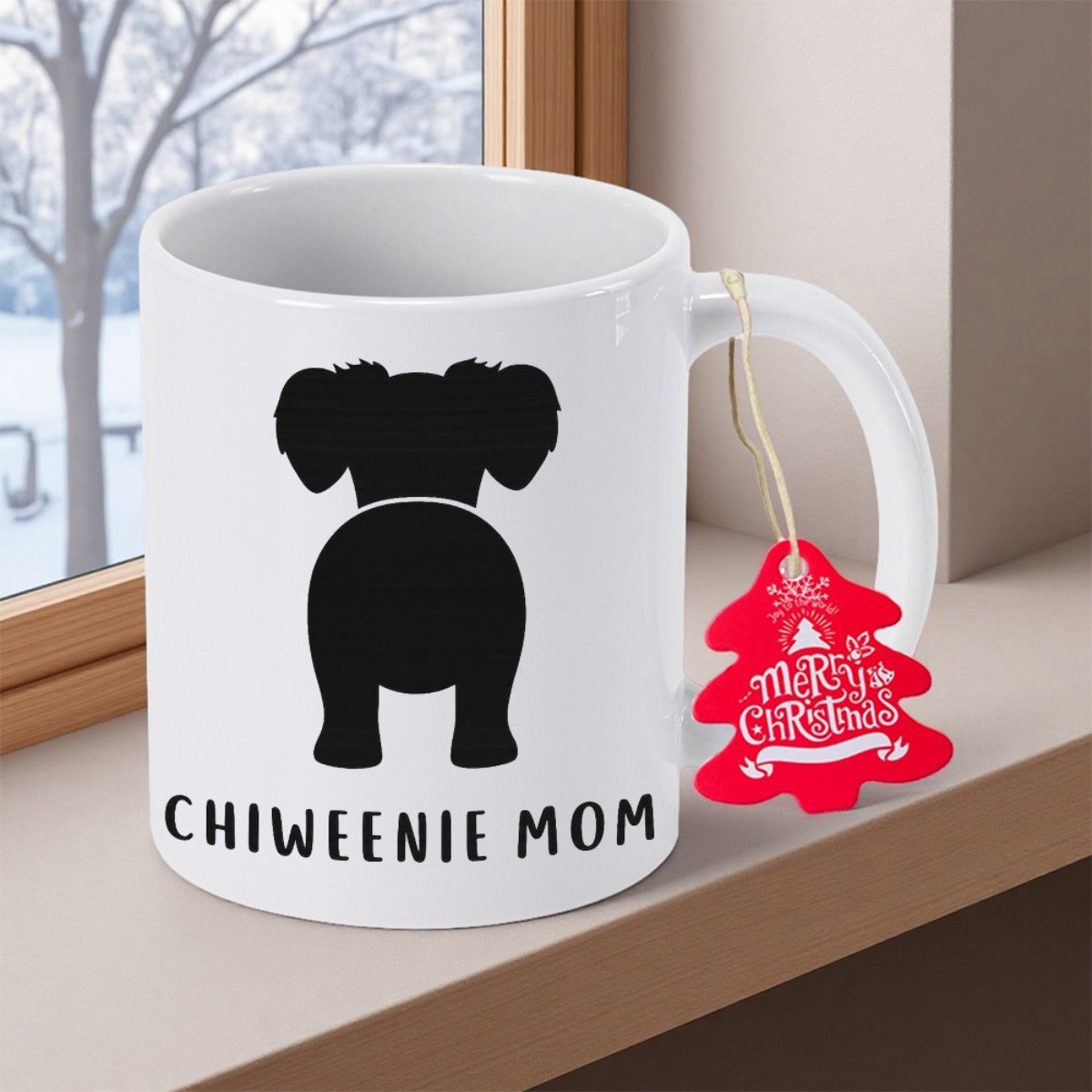 Tailorly White Ceramic 11 oz Mug - Chiweenie Mom Black Minimalist Back View Silhouette Of A Small Breed Puppy Dog