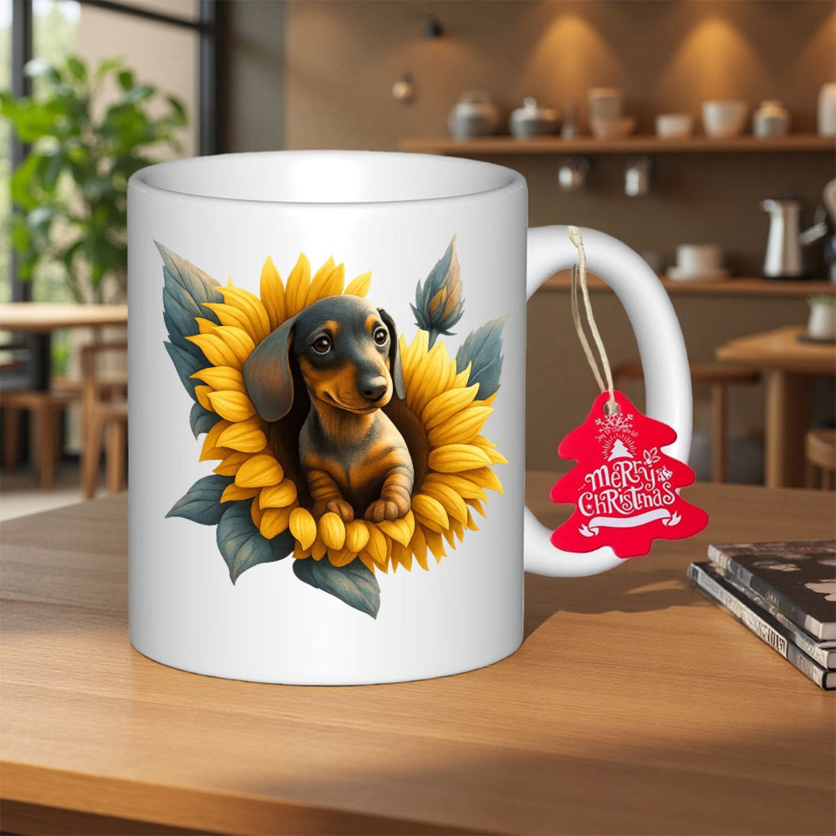 Tailorly White Ceramic 11 oz Mug - Merry Christmas Charming Little Dog Peeking Through Vibrant Yellow Sunflower Petals Under Warm Light Dachshund