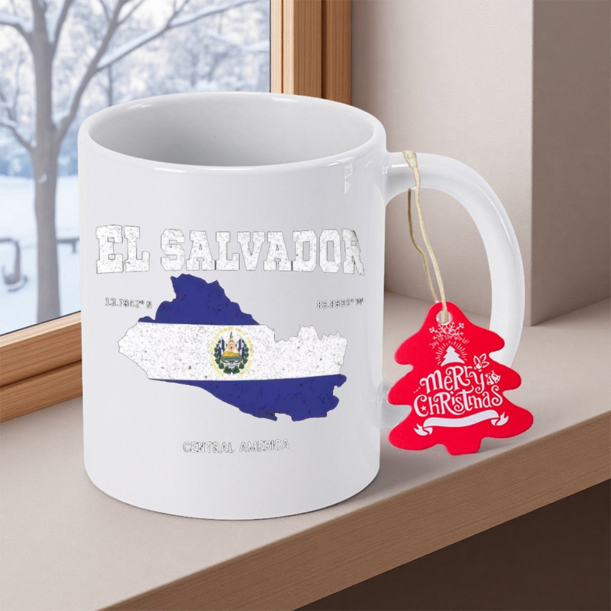 Tailorly White Ceramic 11 oz Mug - El Salvador Central America Distressed National Map Silhouette Featuring Flag Colors With Geographic Coordinates Mug