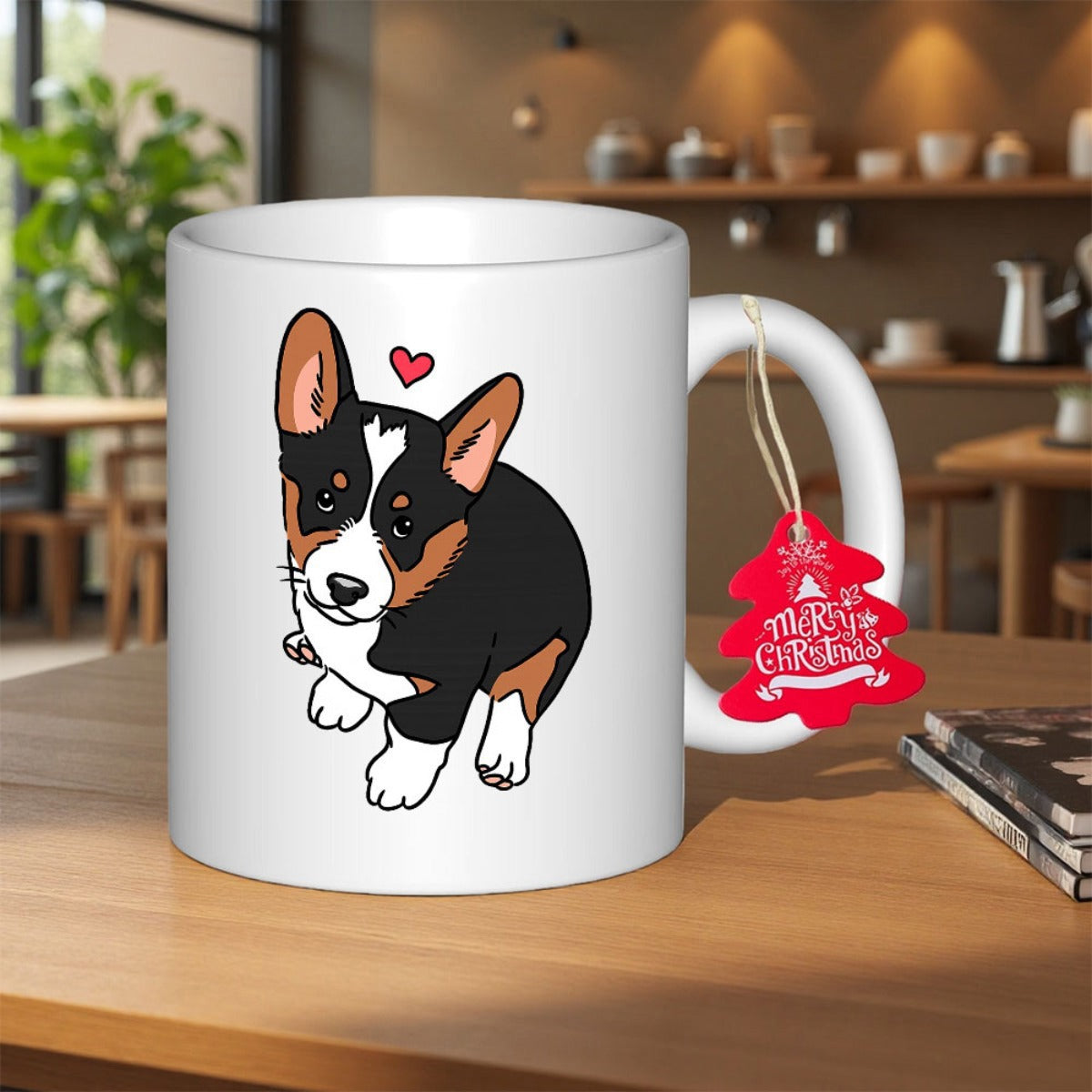 Tailorly White Ceramic 11 oz Mug - Merry Christmas Adorable Tri Color Puppy With Small Red Heart Above Large Ears Corgi