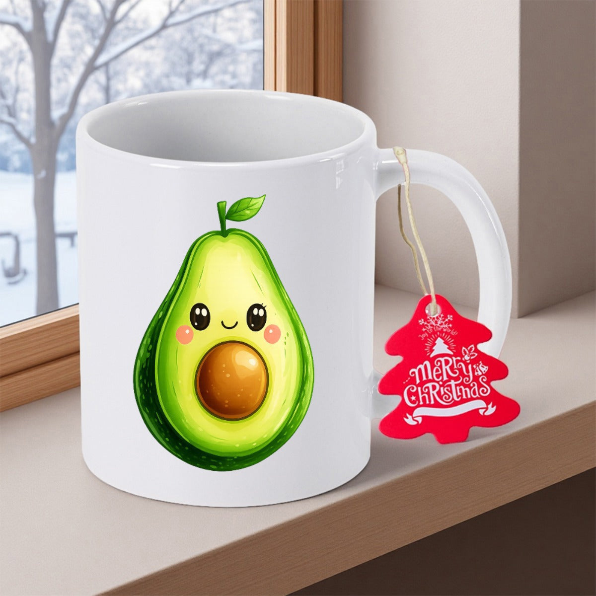 Tailorly White Ceramic 11 oz Mug - Merry Christmas Cute Smiling Cartoon Fruit With Rosy Cheeks And Green Leaves Avocado