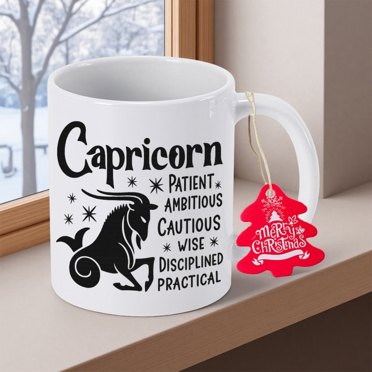 Tailorly White Ceramic 11 oz Mug - Capricorn Patient Ambitious Cautious Wise Disciplined Practical Merry Christmas Sturdy Mythological Sea Goat Surrounded By