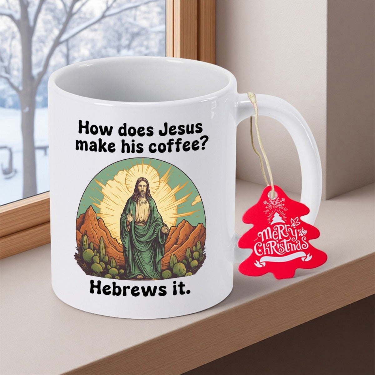 Tailorly White Ceramic 11 oz Mug - How Does Jesus Make His Coffee Hebrews It Sacred Figure Standing Between Majestic Mountains Under A Glowing Radiant Sun Jesus