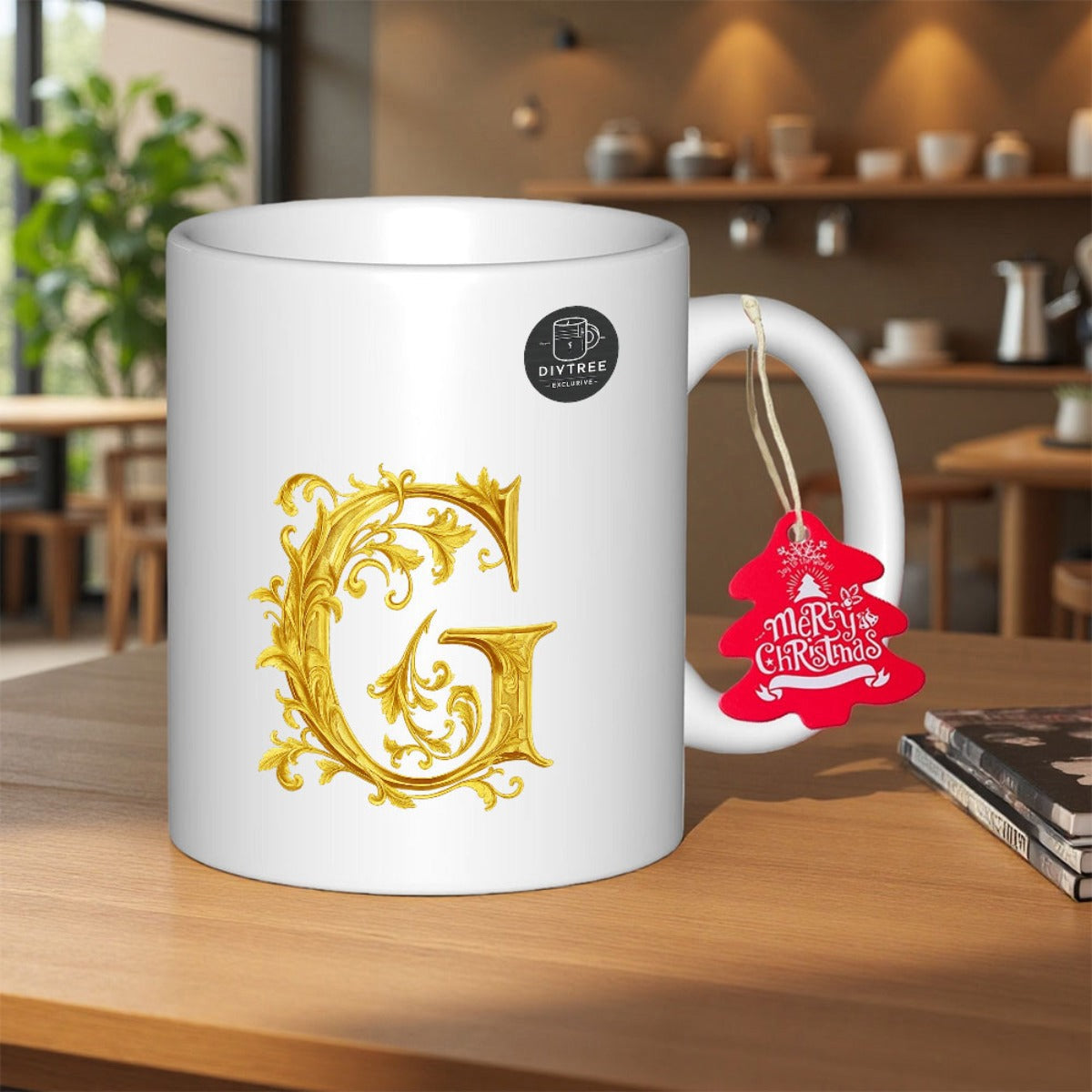 Tailorly White Ceramic 11 oz Mug - Merry Christmas Ornate Golden Floral Pattern Surrounded By Elegant Filigree Vintage Style Letter G