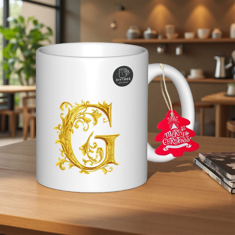 Tailorly White Ceramic 11 oz Mug - Merry Christmas Ornate Golden Floral Pattern Surrounded By Elegant Filigree Vintage Style Letter G