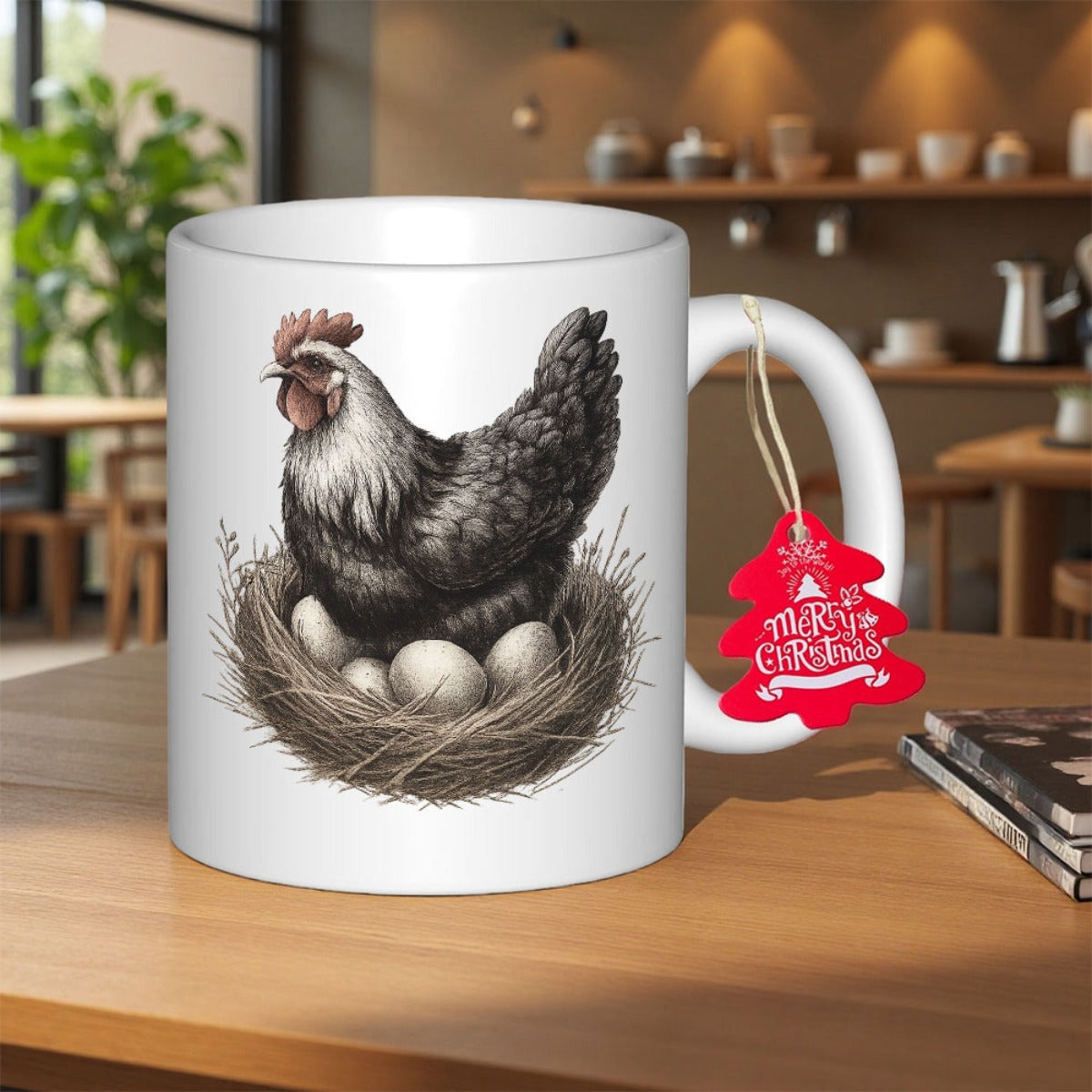 Tailorly White Ceramic 11 oz Mug - Merry Christmas Hand Drawn Rustic Style Hen Nesting With White Eggs Chicken