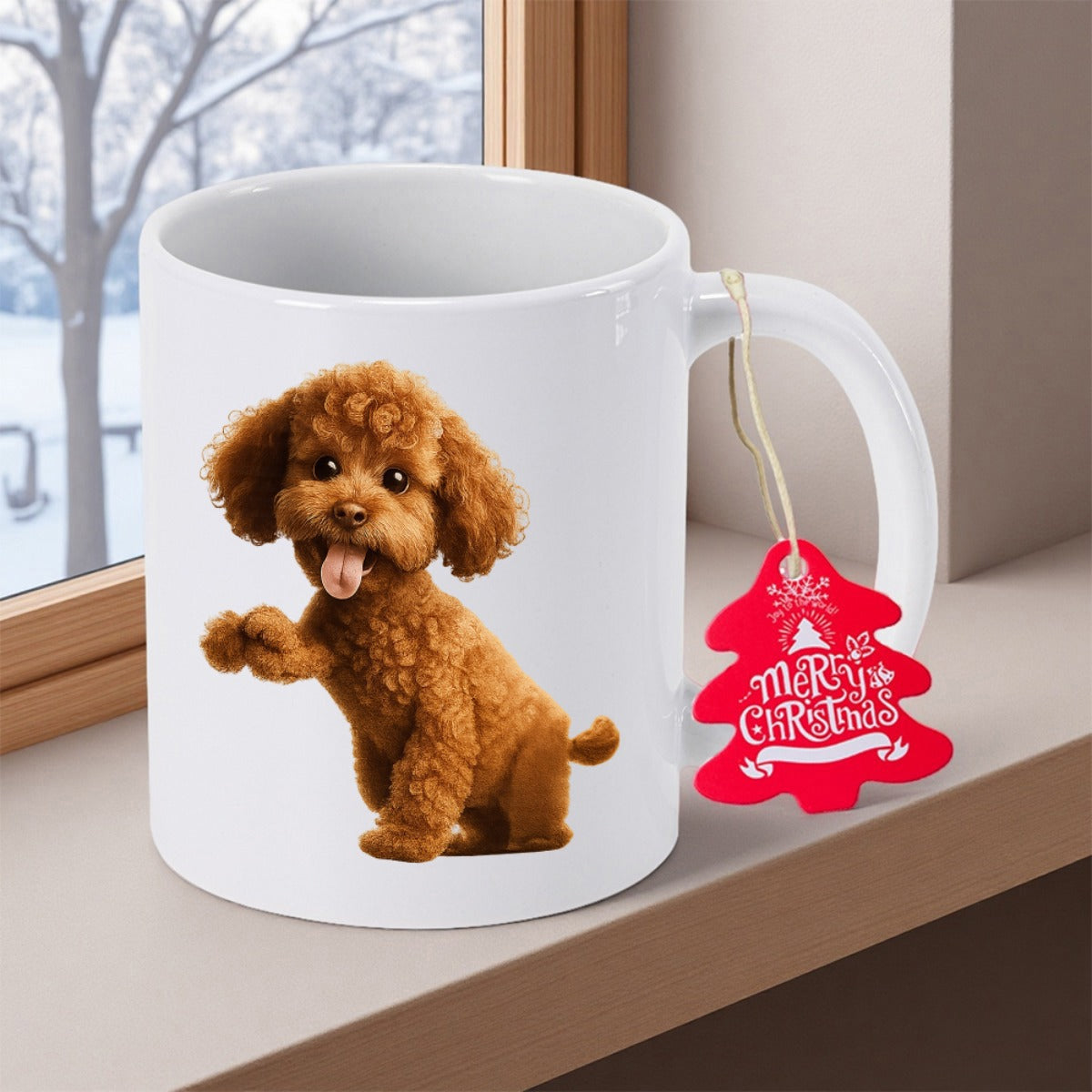 Tailorly White Ceramic 11 oz Mug - Merry Christmas Cute Brown Fluffy Toy Poodle Sitting And Looking Forward Poodle
