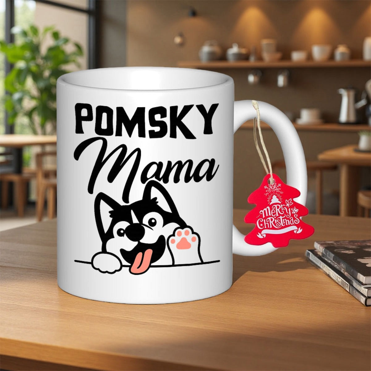 Tailorly White Ceramic 11 oz Mug - Pomsky Mama Adorable Cartoon Dog Peeking Over Edge With A Raised Paw Husky