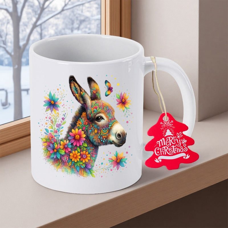 Tailorly White Ceramic 11 oz Mug - Merry Christmas Vibrant Colorful Artistic Animal Surrounded By Many Blooming Floral Petals Donkey