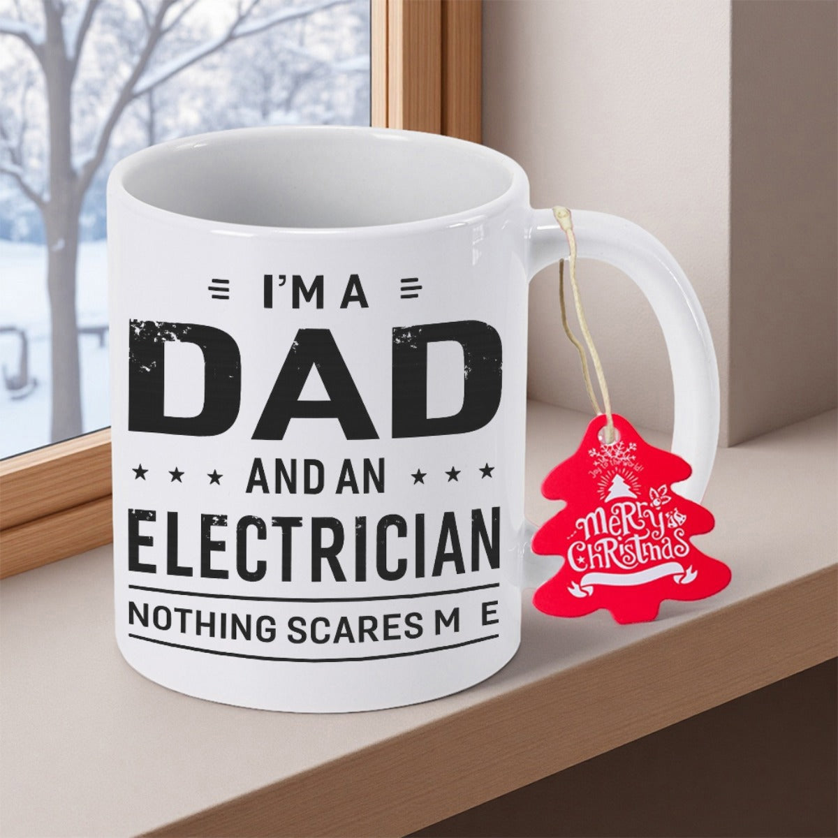 Tailorly White Ceramic 11 oz Mug - I M A Dad And An Electrician Nothing Scares Me Bold Distressed Typography Featuring Small Stars And Horizontal Simple Lines