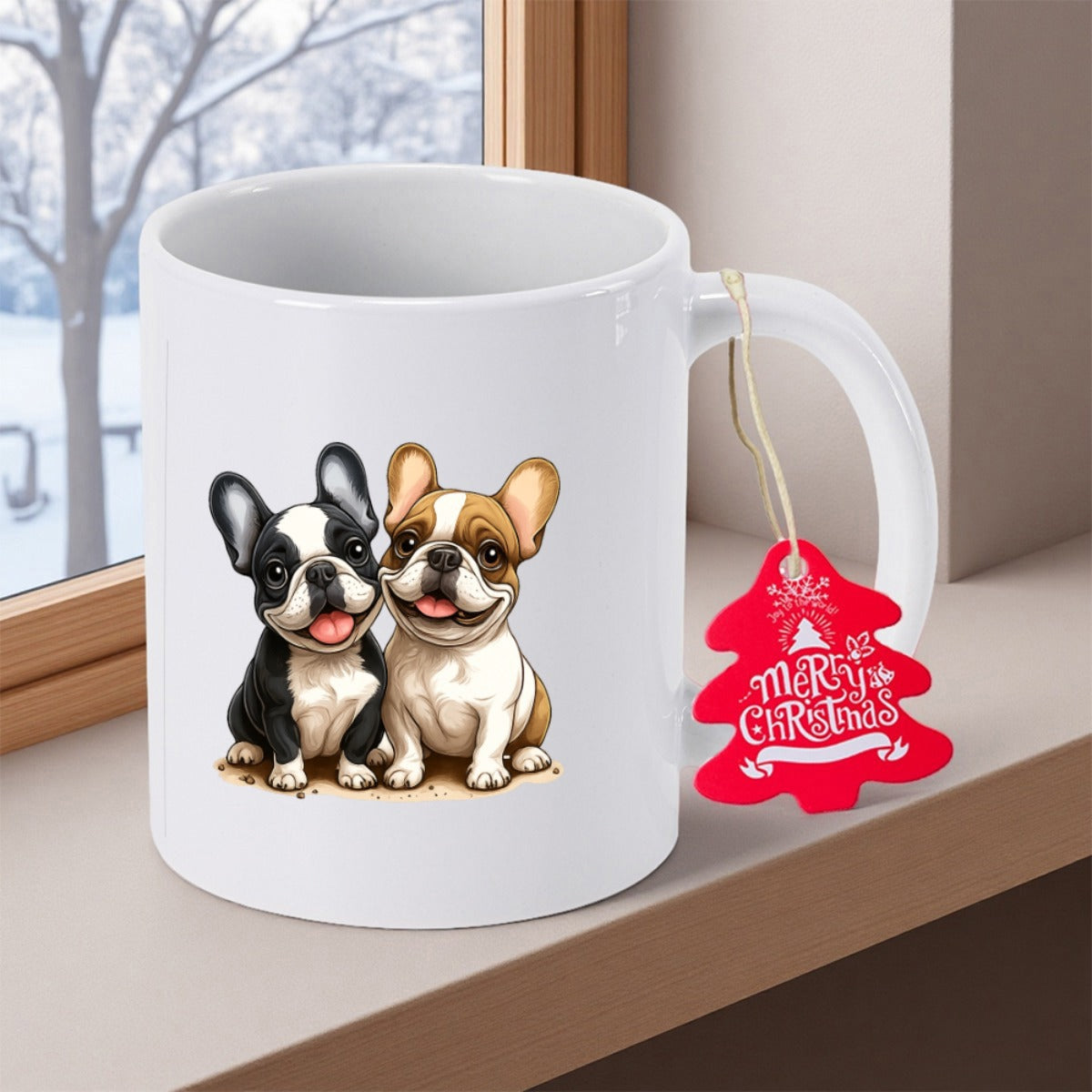 Tailorly White Ceramic 11 oz Mug - Merry Christmas Two Adorable Cartoon French Bulldogs Sitting Side By Side Dog