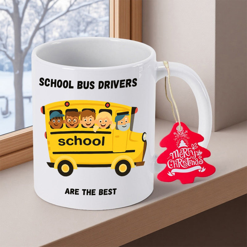 Tailorly White Ceramic 11 oz Mug - School Bus Drivers School Are The Best Merry Christmas Happy Cartoon Children Riding Inside A Bright Yellow School Bus Bus