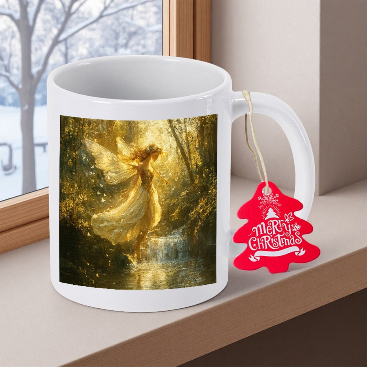 Tailorly White Ceramic 11 oz Mug - Merry Christmas Golden Ethereal Figure Floating Over A Scenic Forest Waterfall Landscape Fairy