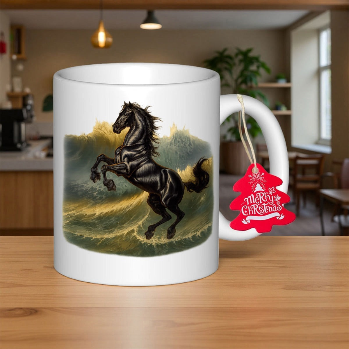 Tailorly White Ceramic 11 oz Mug - Merry Christmas Powerful Rearing Stallion Leaping Through Dramatic Crashing Ocean Waves Horse