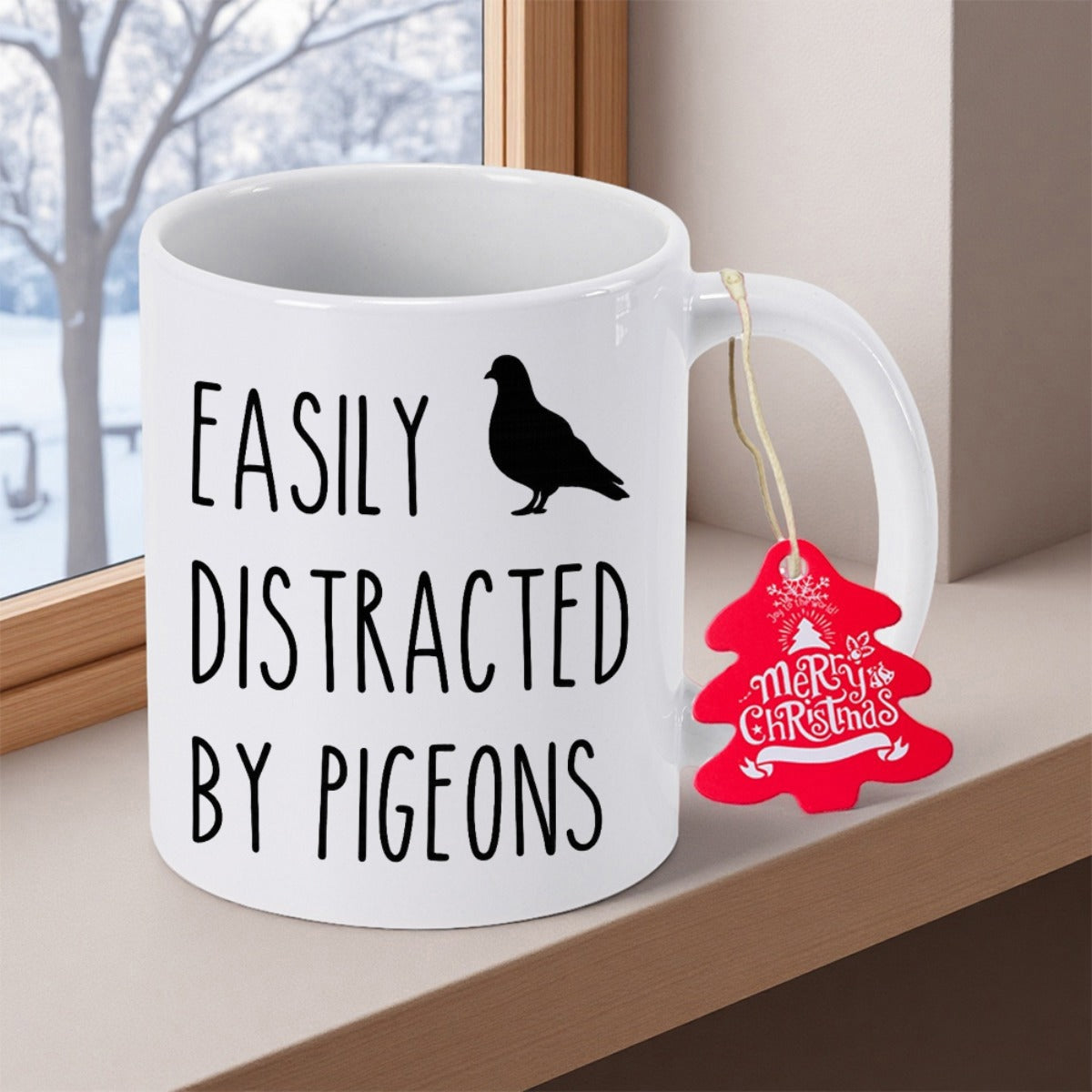 Tailorly White Ceramic 11 oz Mug - Easily Distracted By Pigeons Minimalist Black Bird Silhouette Standing Still On Clean White Ceramic Pigeon