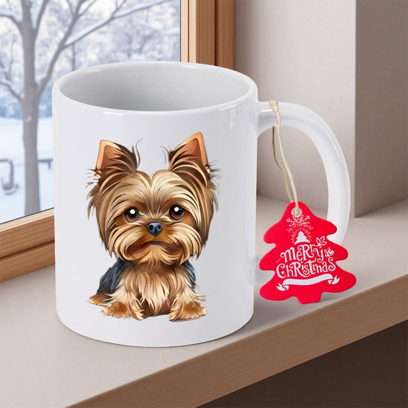 Tailorly White Ceramic 11 oz Mug - Merry Christmas Small Brown And Black Furry Dog Sitting Calmly With Large Expressive Eyes Yorkshire Terrier