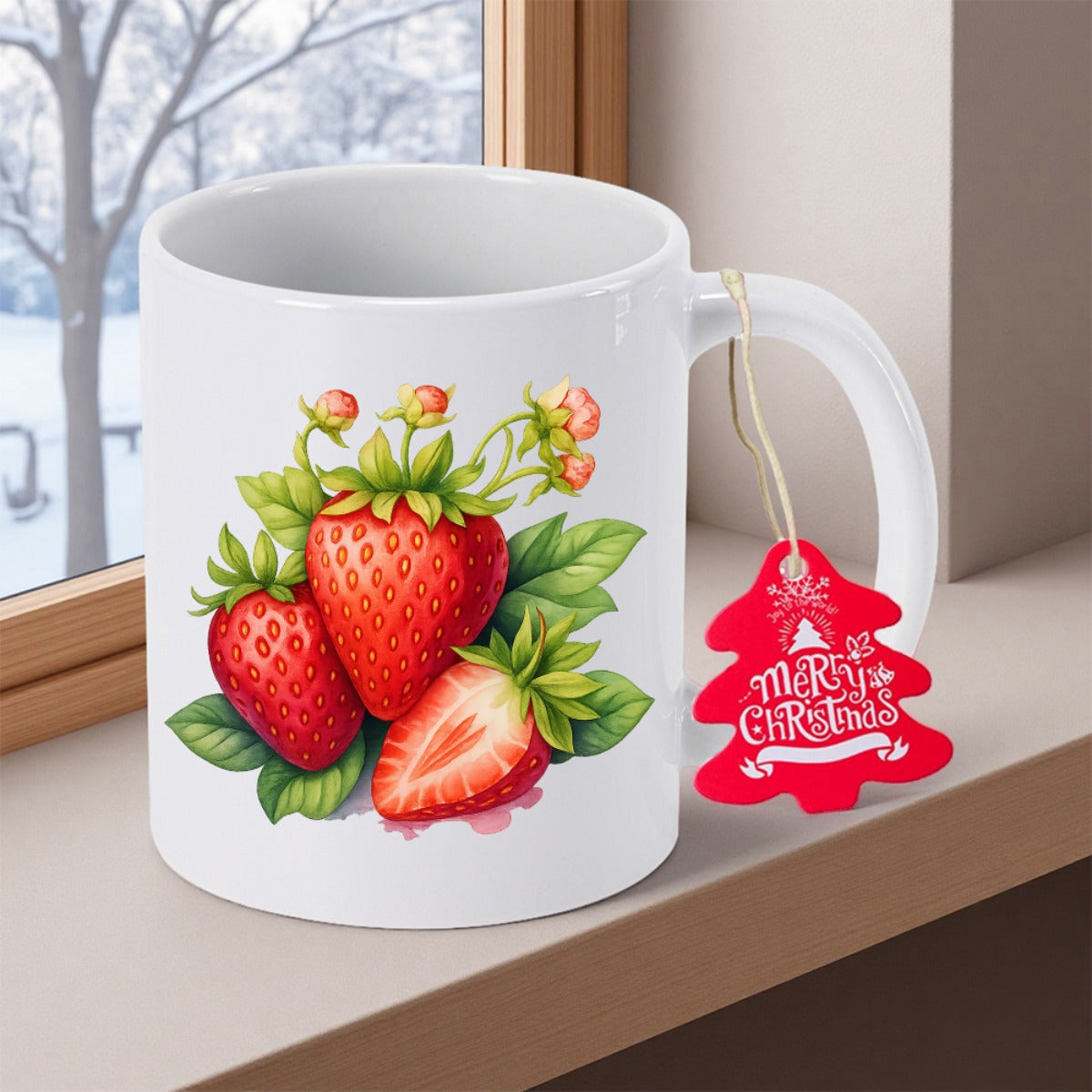 Tailorly White Ceramic 11 oz Mug - Merry Christmas Fresh Red Garden Berries Growing Within Vibrant Green Foliage Under Natural Light Strawberry