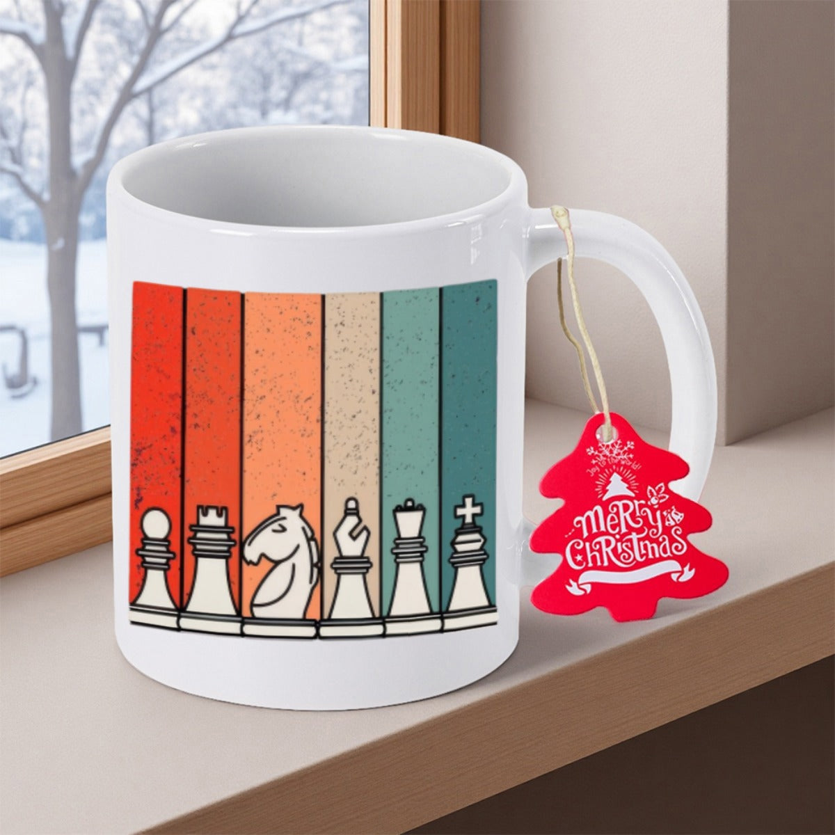 Tailorly White Ceramic 11 oz Mug - Vintage Style Rainbow Stripes Featuring Classic Line Art Icons Of Chess