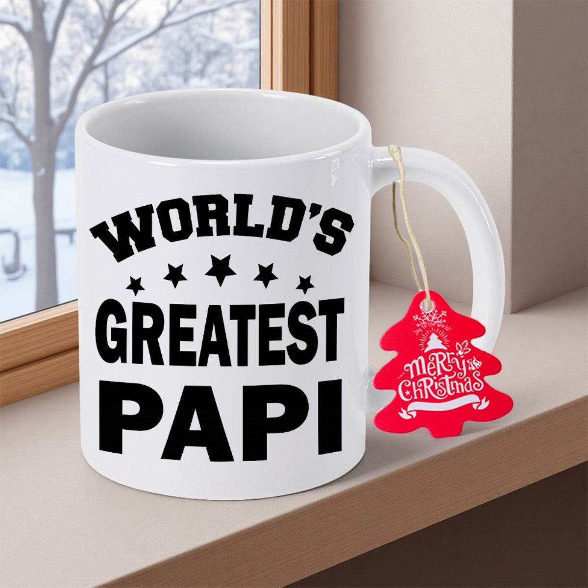 Tailorly White Ceramic 11 oz Mug - World's Greatest Papi Merry Christmas Classic White Ceramic With Bold Black Text And Small Stars Mug