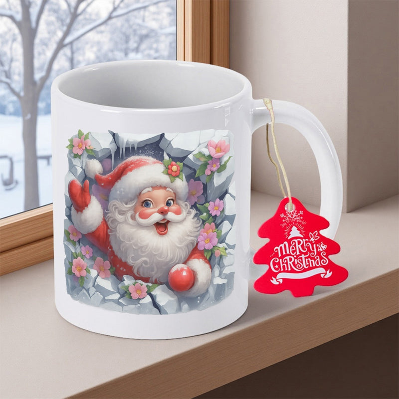 Tailorly White Ceramic 11 oz Mug - Merry Christmas Vintage Jolly Character Peeking Through Icy Rock With Pink Flowers Santa Claus
