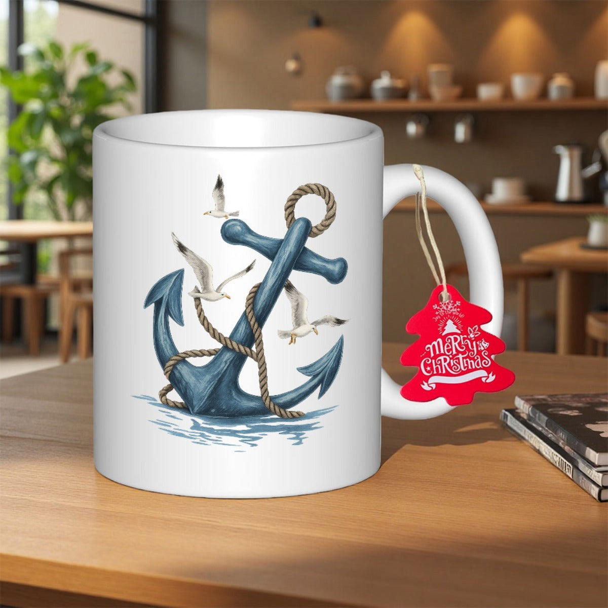 Tailorly White Ceramic 11 oz Mug - Merry Christmas Nautical Blue Metal Wrapped In Rope Among Graceful Flying Seagulls Anchor