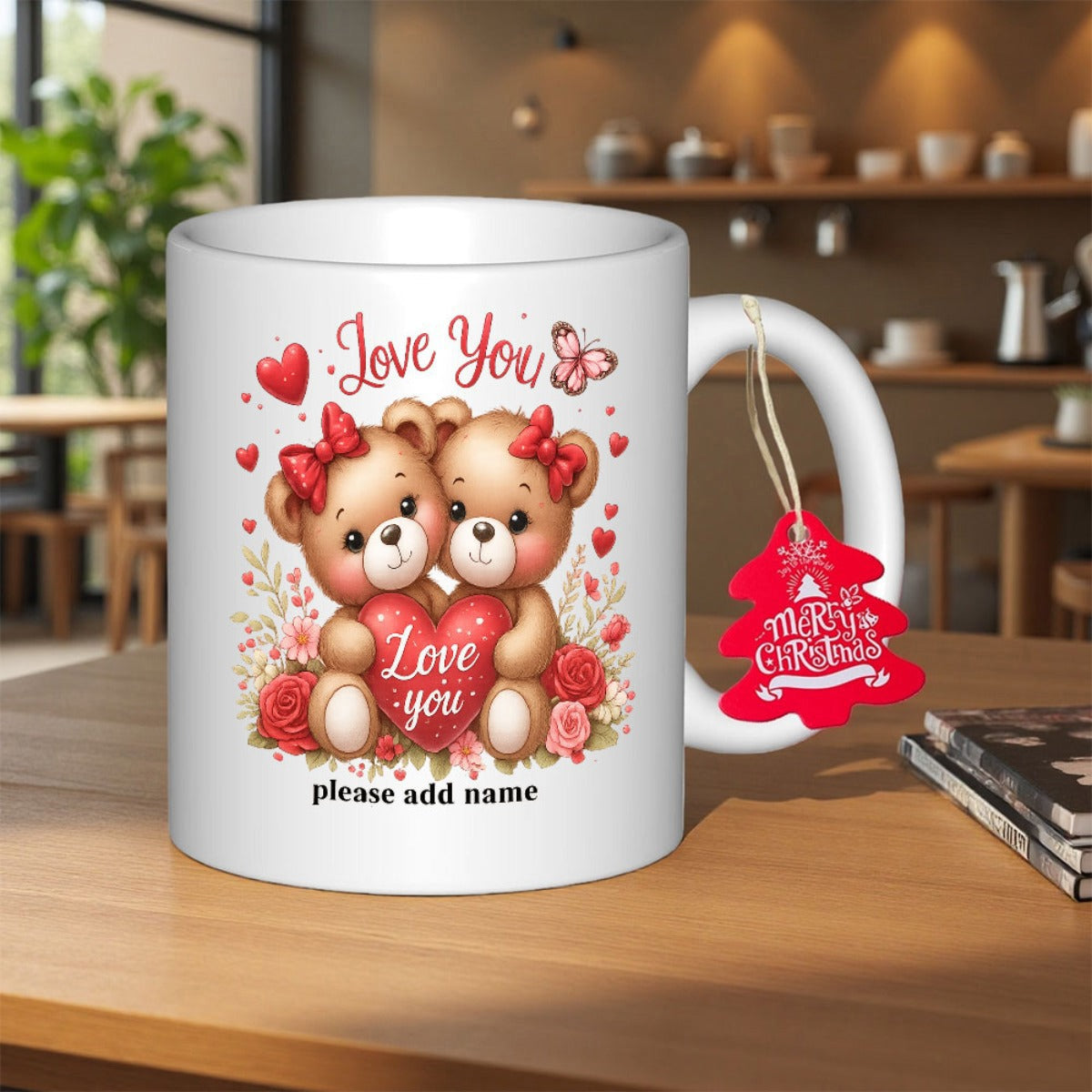 Tailorly White Ceramic 11 oz Mug - Love You Two Adorable Teddy Bears Holding Heart Surrounded By Roses And Butterflies Bear