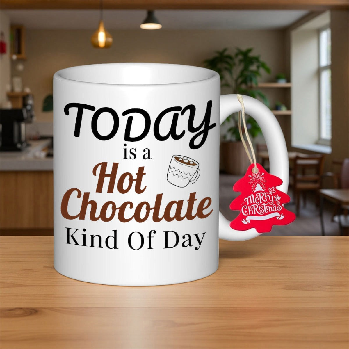 Tailorly White Ceramic 11 oz Mug - Today Is A Hot Chocolate Kind Of Day Merry Christmas Simple White Ceramic Vessel Holding Steaming Beverage With Miniature
