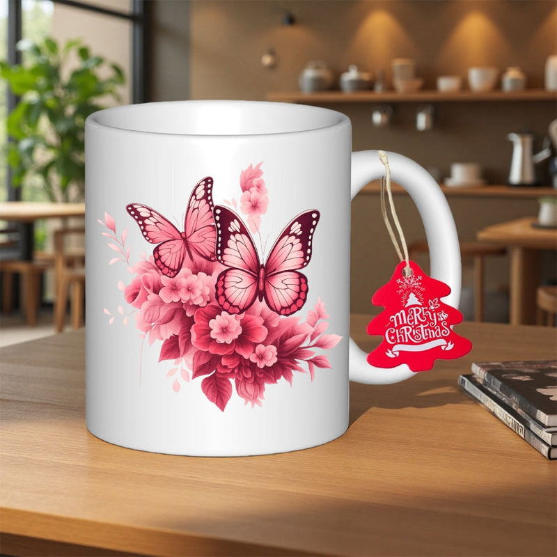 Tailorly White Ceramic 11 oz Mug - Merry Christmas Elegant Pink Butterflies Resting On Blooming Spring Flowers Butterfly