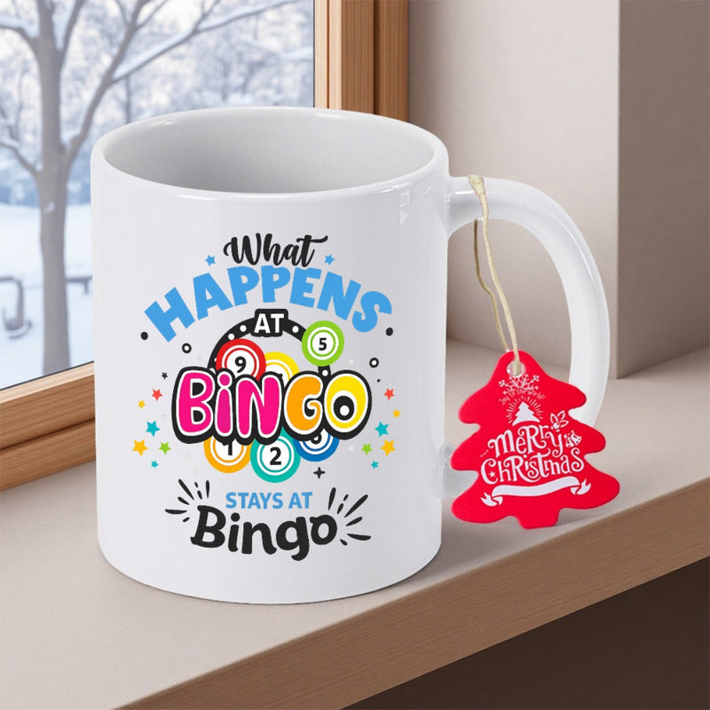 Tailorly White Ceramic 11 oz Mug - What Happens At Bingo Stays At Bingo Vibrant Numbered Game Balls Surrounded By Playful Decorative Star Elements Mug