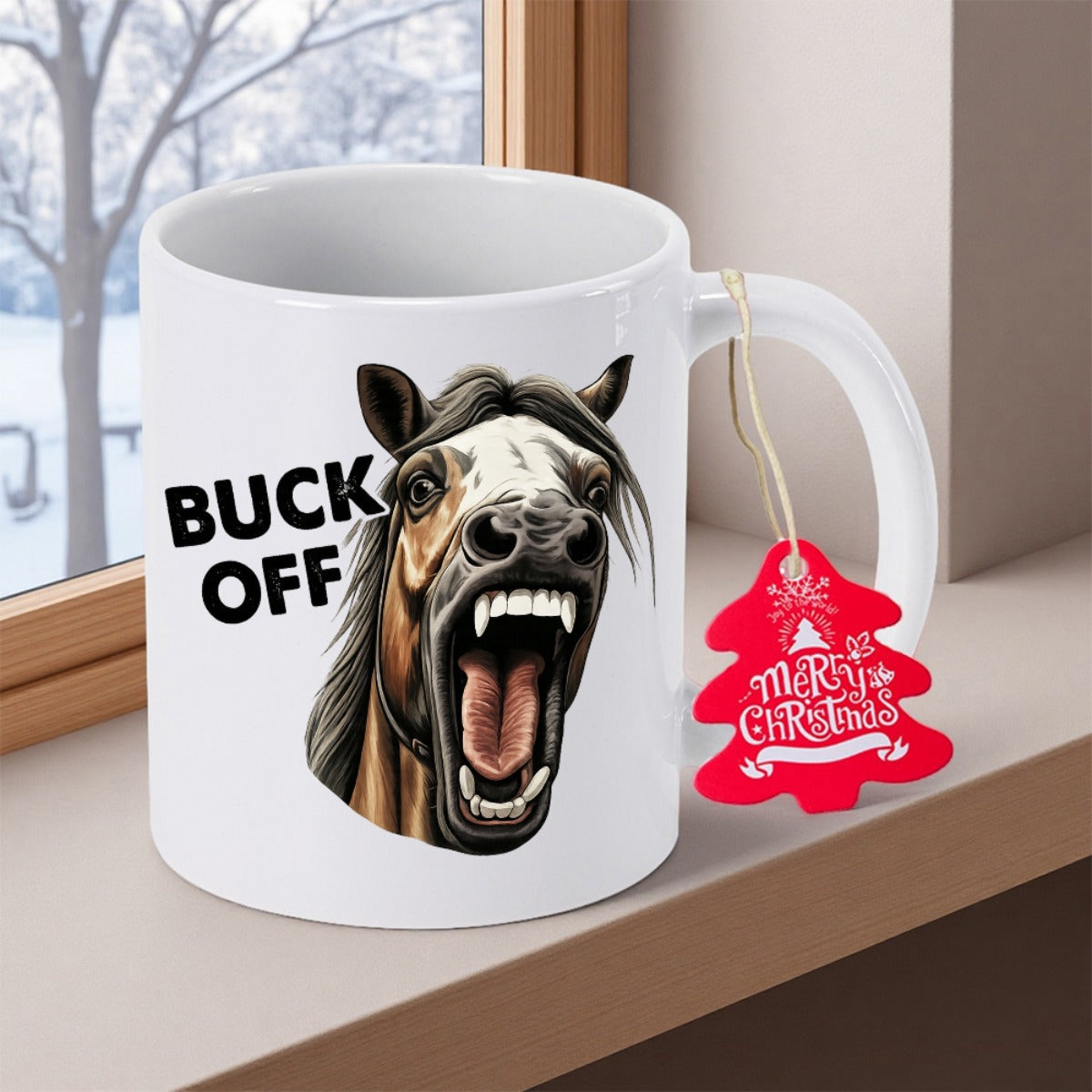 Tailorly White Ceramic 11 oz Mug - Buck Off Funny Brown Horse Head With Wide Open Mouth Showing Teeth And Mane Horse