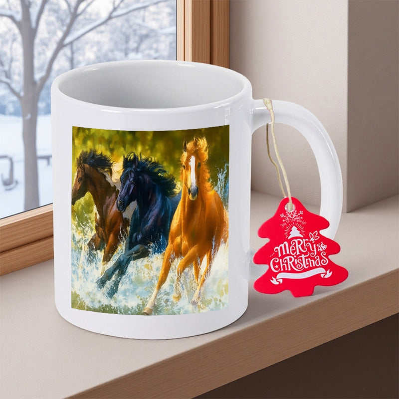 Tailorly White Ceramic 11 oz Mug - Merry Christmas Energetic Horses Running Through Splashing Water In A Sunlit Field Horse