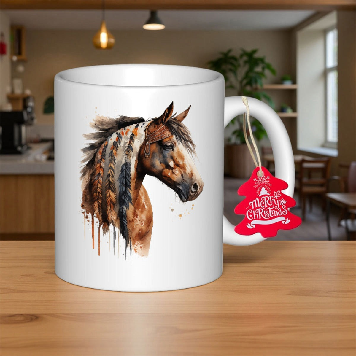 Tailorly White Ceramic 11 oz Mug - Merry Christmas Watercolor Illustration Showing Majestic Brown Horse With Elegant Braided Flowing Mane Horse