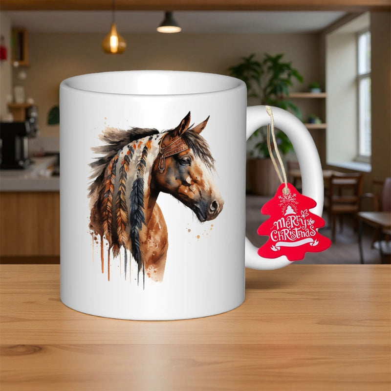 Tailorly White Ceramic 11 oz Mug - Merry Christmas Watercolor Illustration Showing Majestic Brown Horse With Elegant Braided Flowing Mane Horse