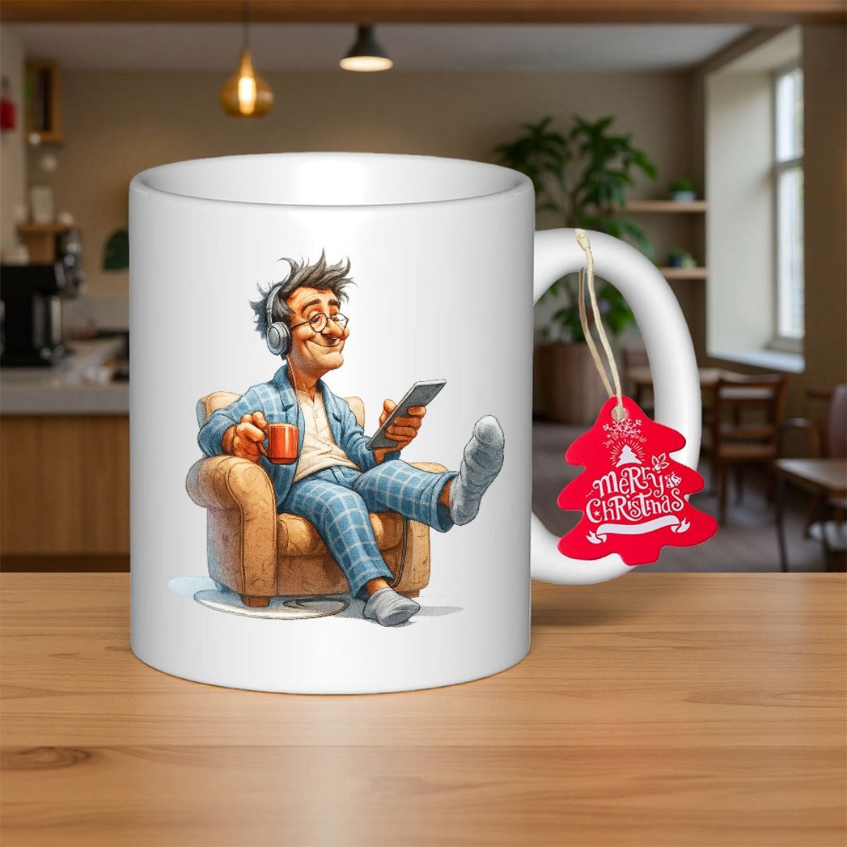 Tailorly White Ceramic 11 oz Mug - Merry Christmas Relaxing In A Cozy Armchair Wearing Checked Pajamas Holding A Coffee Cup Man