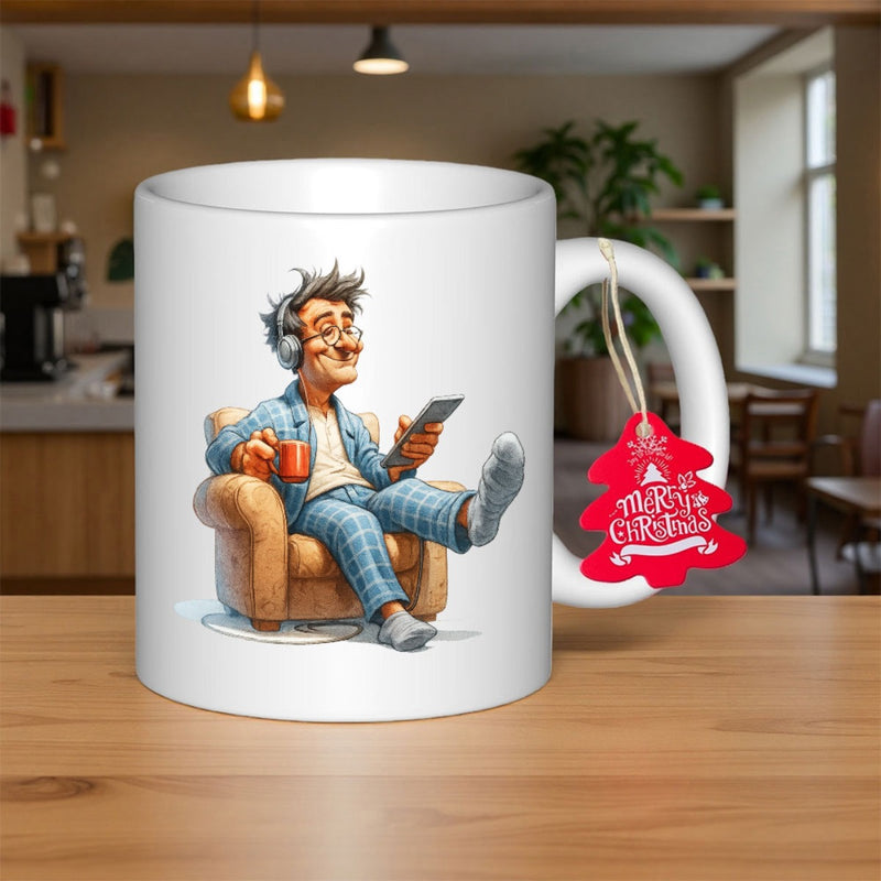 Tailorly White Ceramic 11 oz Mug - Merry Christmas Relaxing In A Cozy Armchair Wearing Checked Pajamas Holding A Coffee Cup Man