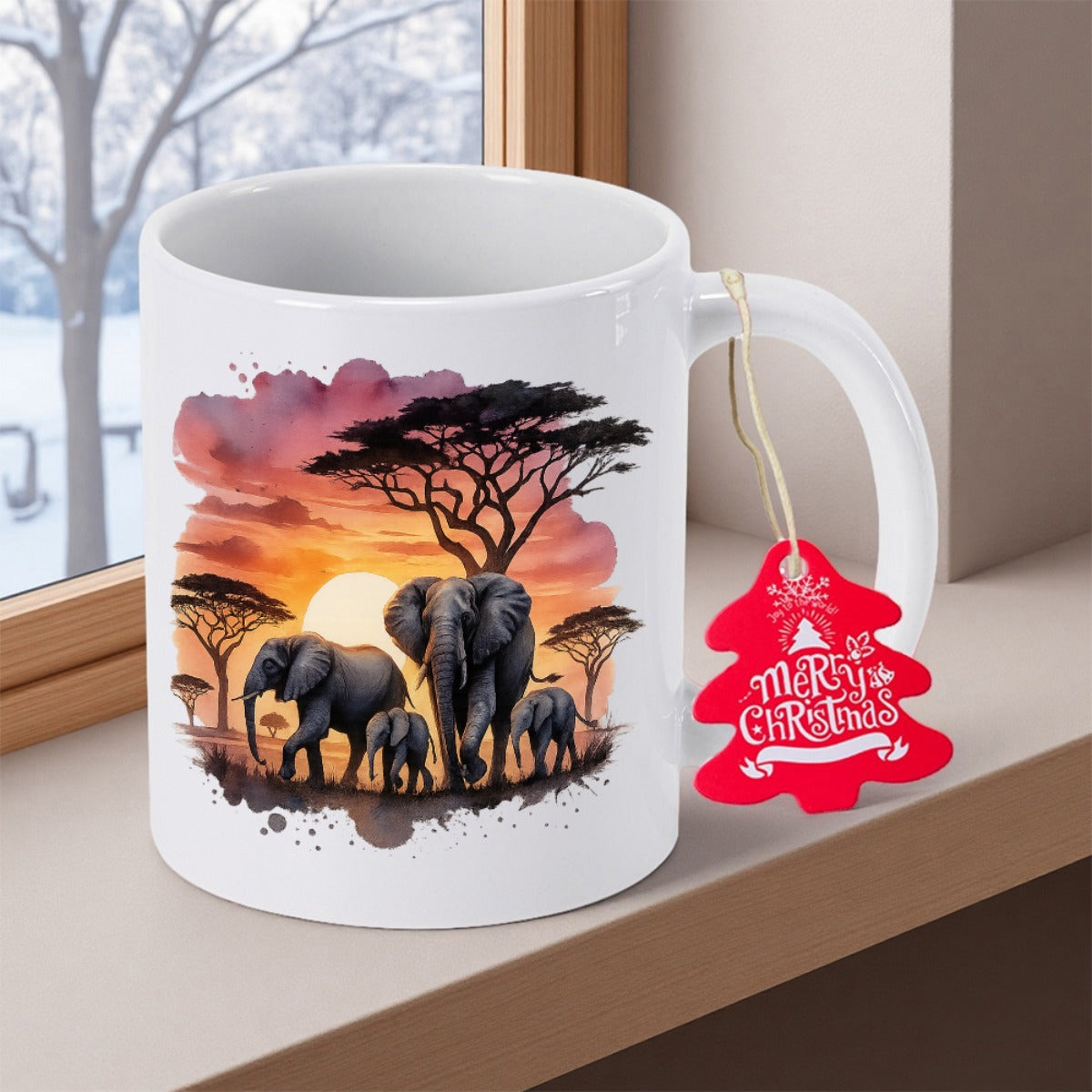 Tailorly White Ceramic 11 oz Mug - Merry Christmas Vibrant Watercolor Savanna Sunset Featuring Majestic Herd Walking Among Acacia Trees Elephant