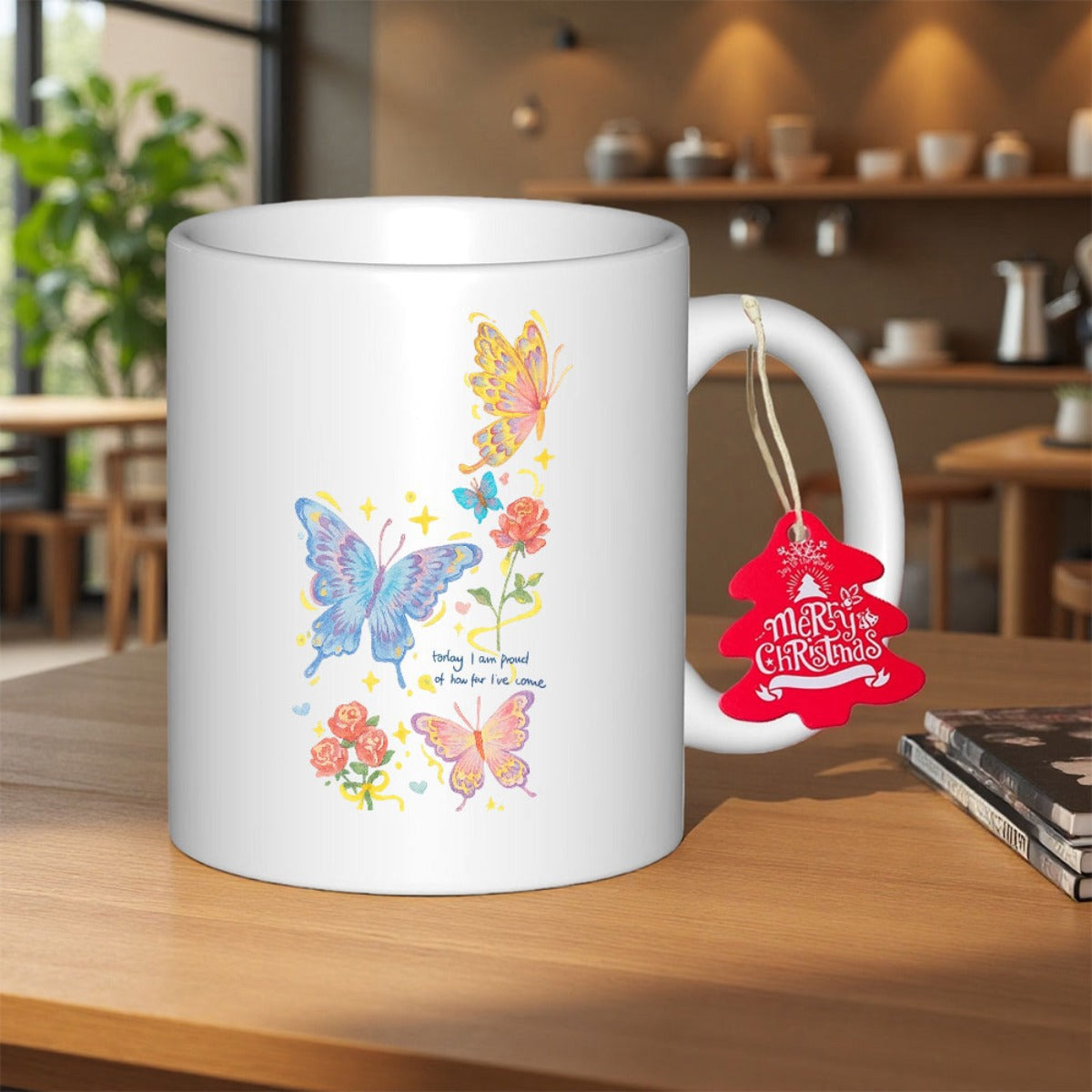 Tailorly White Ceramic 11 oz Mug - Merry Christmas Vibrant Colorful Butterflies Fluttering Around Dainty Flowers Under Golden Stars Butterfly