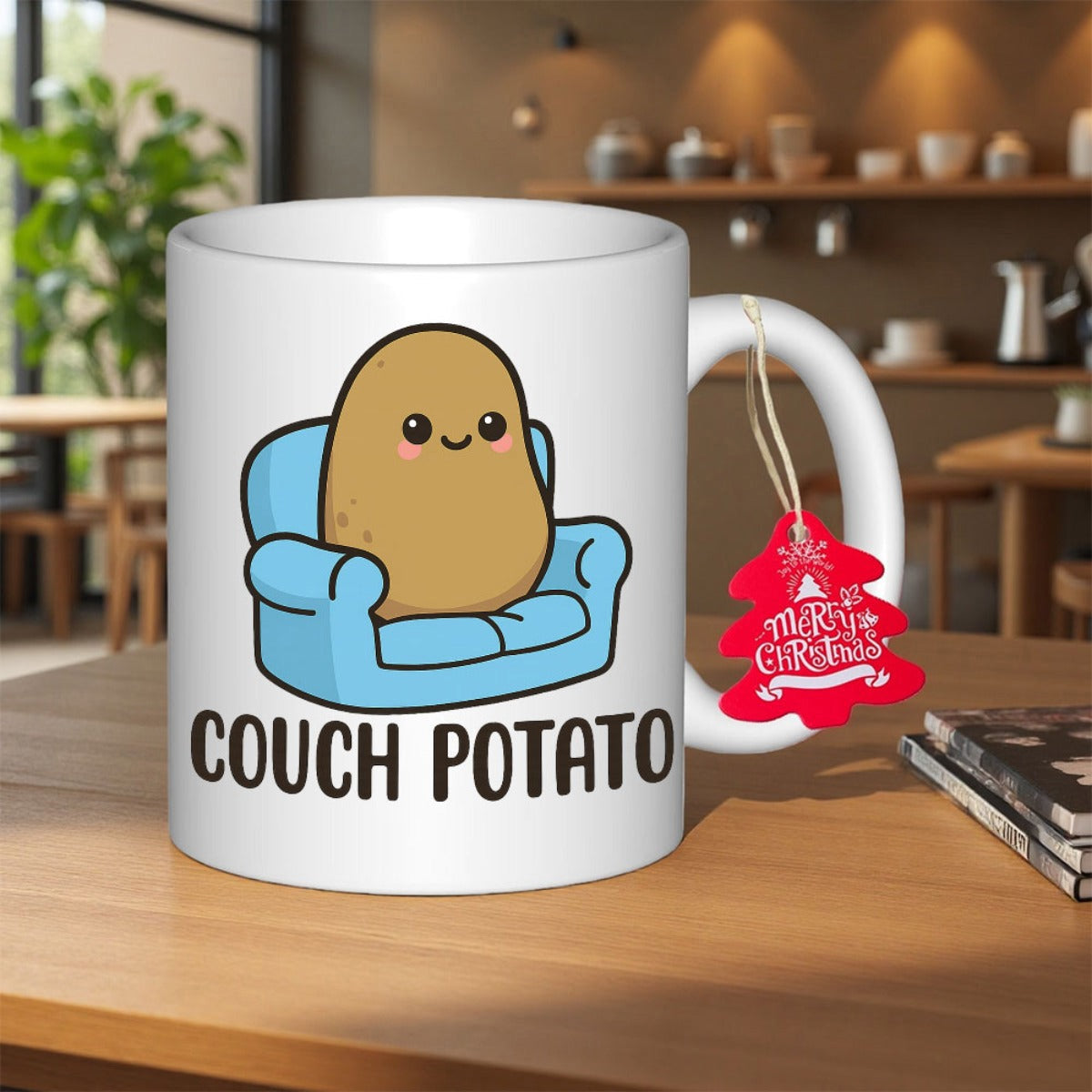 Tailorly White Ceramic 11 oz Mug - Couch Potato Adorable Smiling Character Relaxing On A Soft Blue Cozy Armchair Potato