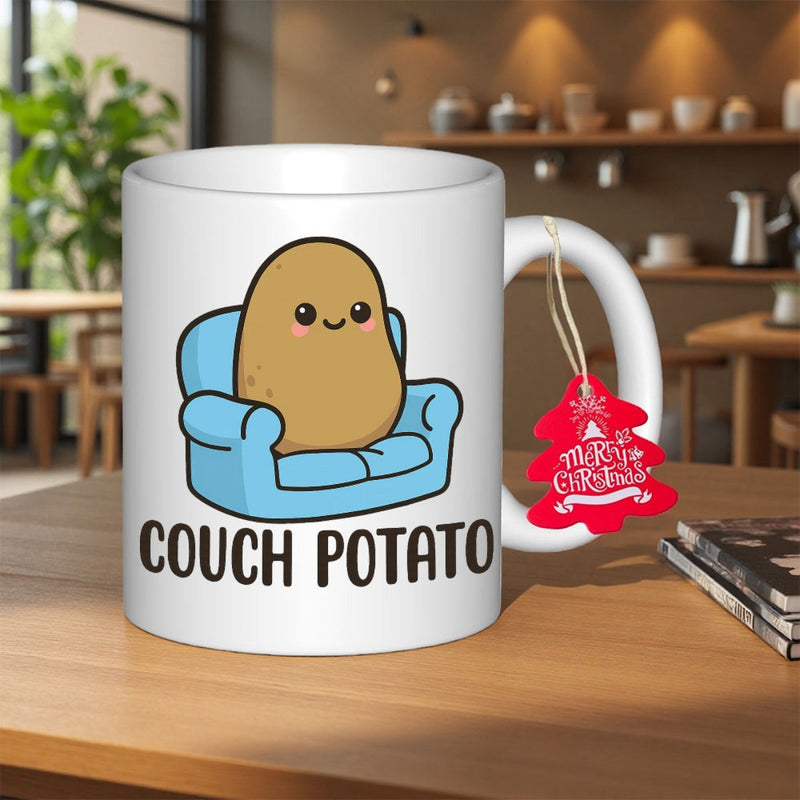 Tailorly White Ceramic 11 oz Mug - Couch Potato Adorable Smiling Character Relaxing On A Soft Blue Cozy Armchair Potato