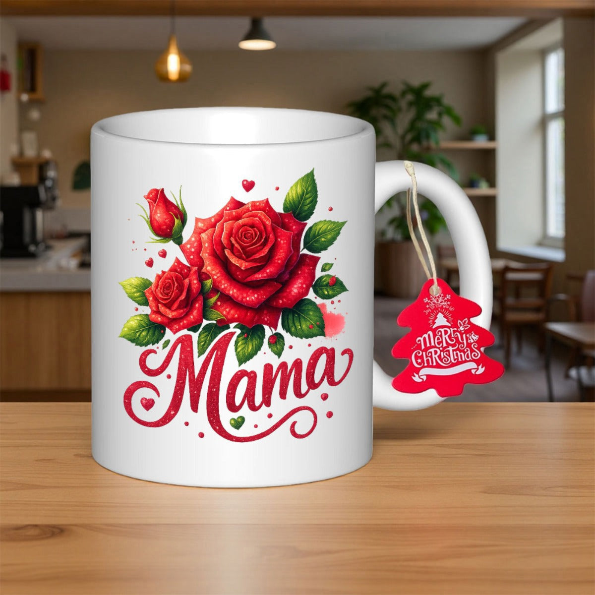 Tailorly White Ceramic 11 oz Mug - Mama Merry Christmas Blooming Vibrant Red Roses Surrounded By Green Leaves And Tiny Hearts Rose
